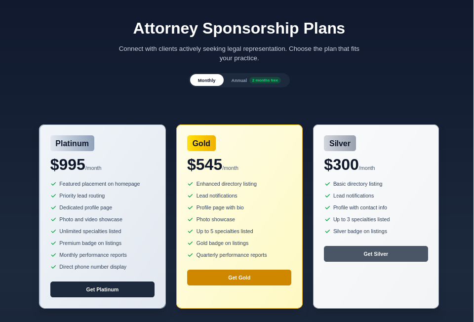 Live sponsorship pricing from RiversideInjury.org showing Platinum $995/mo, Gold $545/mo, Silver $300/mo